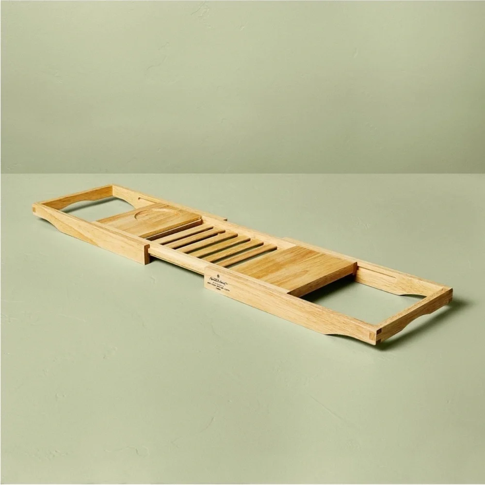 Hearth & Hand Expandable Wood Bathtub Wooden Bath Tray Natural Cup Holder NEW